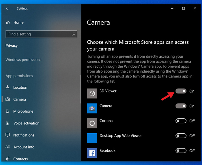 Nhấn on để bật camera trên hệ điều hành Windows 11
