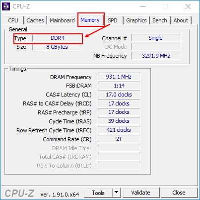 Loại RAM là DDR4, nằm trong ô “Type”
