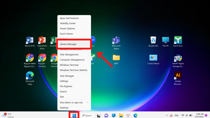 Nhấn Start trên thanh Taskbar và chọn phần Device Manager