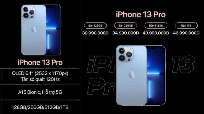 4 phiên bản dung lượng từ 128GB đến 1TB trên iPhone 13 Pro cũ
