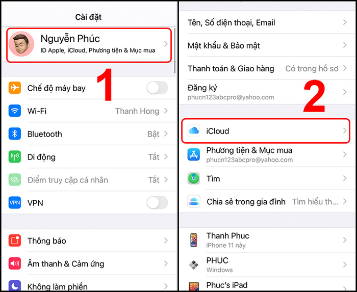 Chọn iCloud trong cài đặt