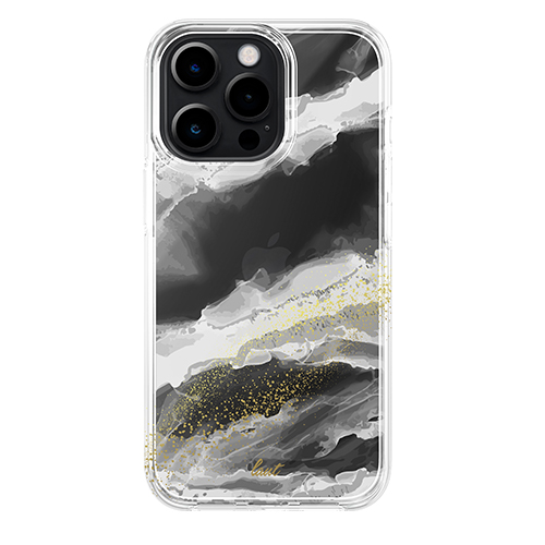 Ốp lưng Laut Crystal Ink iPhone 13 Pro sở hữu các họa tiết màu trắng tạo điểm nhấn nổi bật trên nền mặt lưng của iPhone màu đen