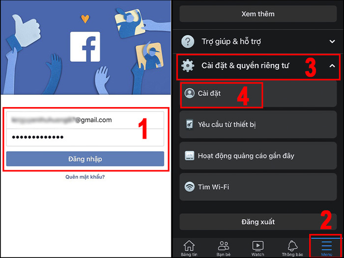 Đăng nhập Facebook - Mở Cài đặt - Quyền riêng tư