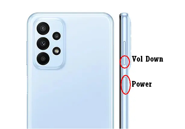 2 nút chức năng dùng để chụp màn hình trên Galaxy A23