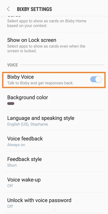 Bật công tắt cho Bixby Voice
