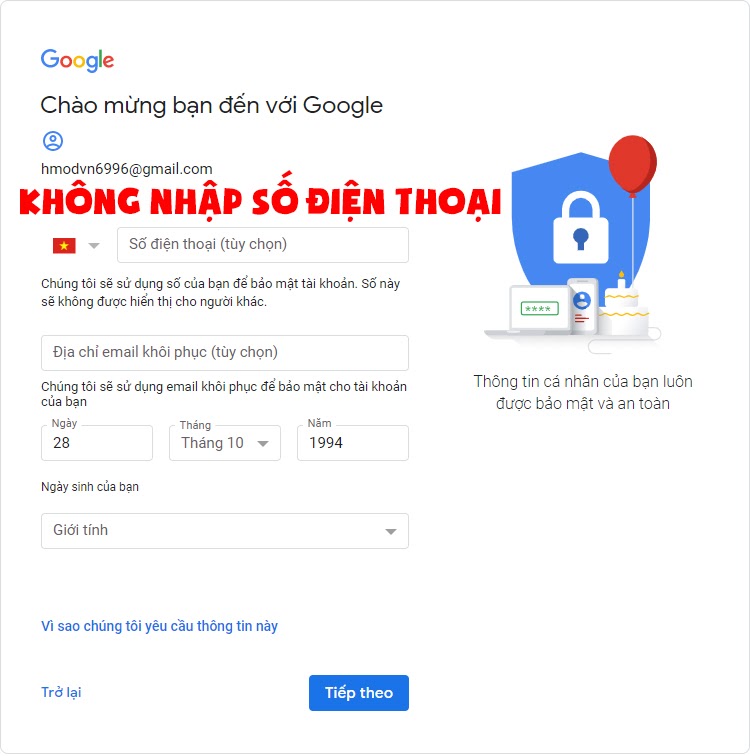 Cách đăng ký Gmail không cần số điện thoại