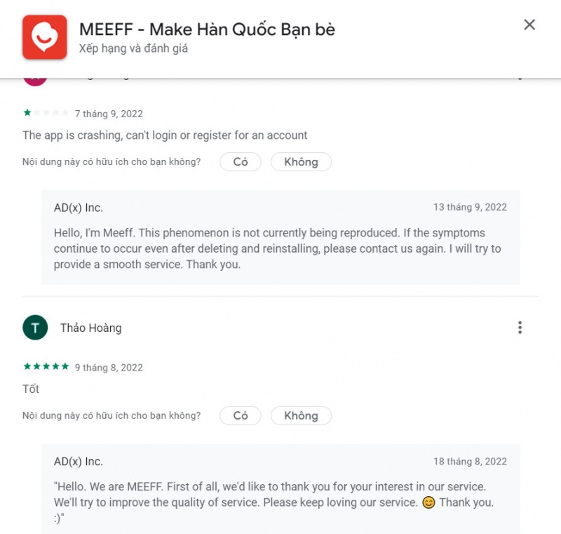 Đánh giá của người dùng về app Meeff