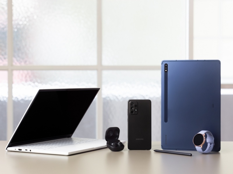 Galaxy A52 ecosystem shot in black with Galaxy Watch Active2 Galaxy Buds Pro Galaxy Tab S7+ and Galaxy Book Ion2