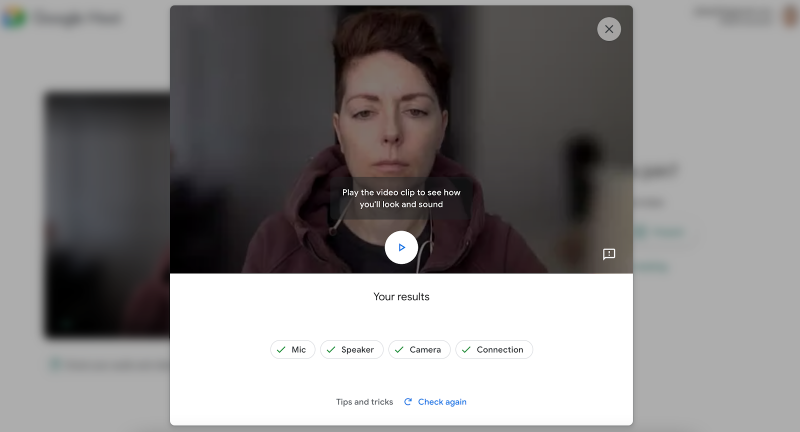 Google Meet camera and mic check