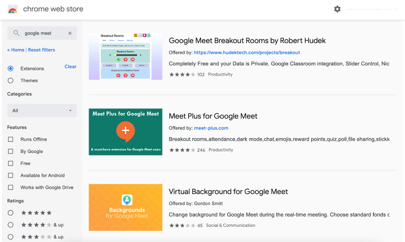 Listing of Google Meet extensions