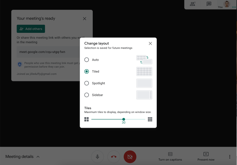 Google Meet change layout menu