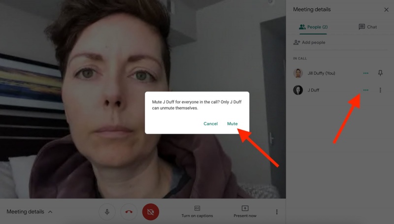 Google Meet screenshot showing mute dialog
