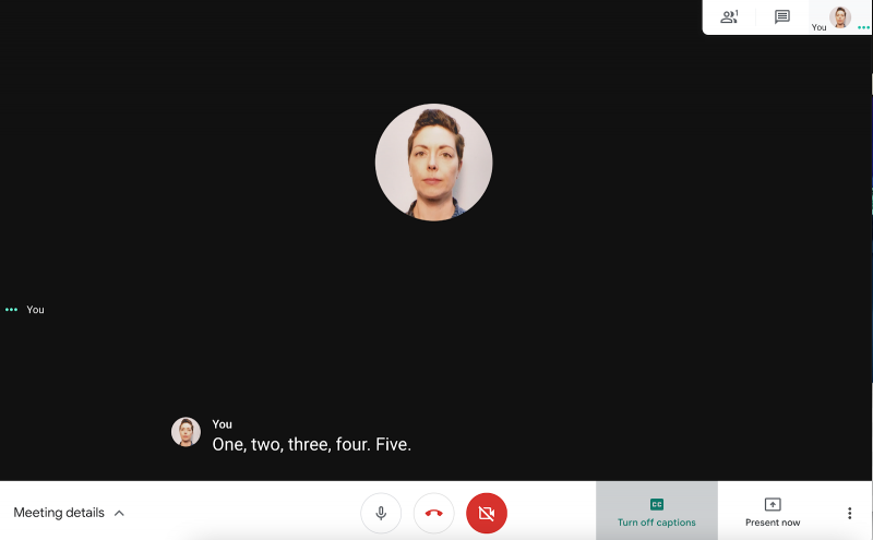 Google Meet screenshot showing captions