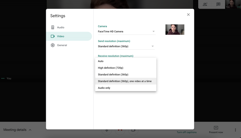 Google Meet video resolution menu