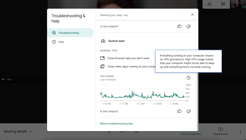 Google Meet troubleshooting dialog