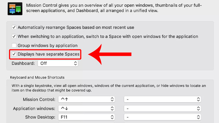 Chọn Displays have separate Spaces