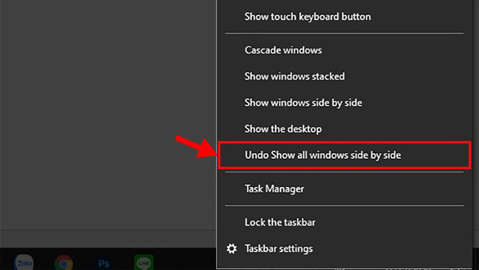 Chọn Undo Show all windows side by side để về trạng thái cũ