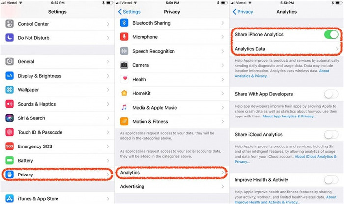 Bật tính năng Share iPhone Analytics để kiểm tra pin iPhone của bạn