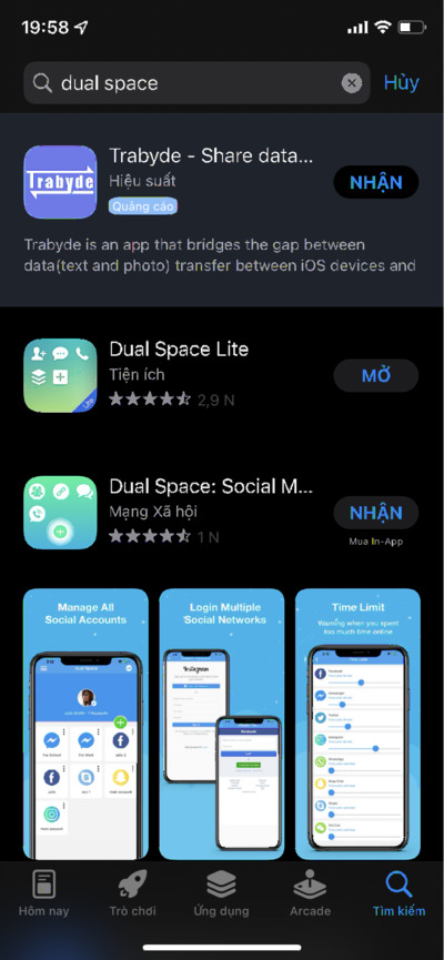 Tìm và cài đặt app Dual Space Lite trên Appstore