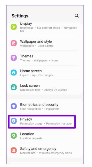 Bật quyền truy cập micro từ Cài đặt Quyền riêng tư (Dành riêng cho Android)