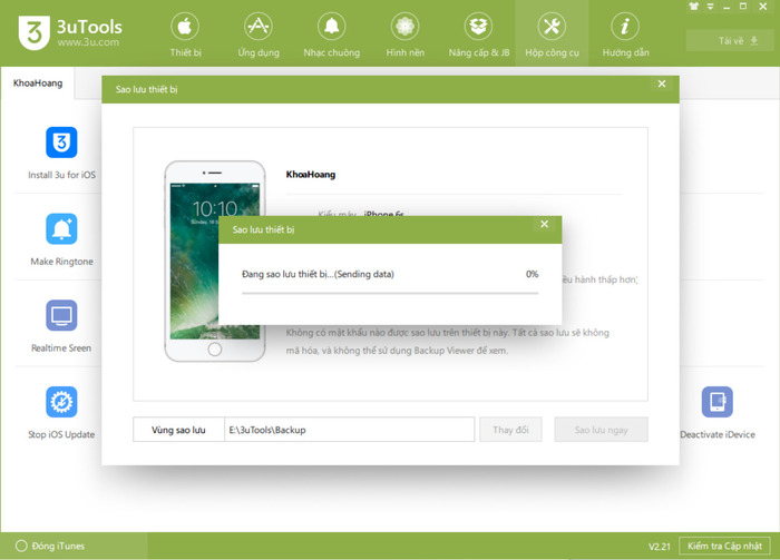 Chờ sao lưu dữ liệu trên iPhone sang 3uTools