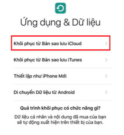 Nhấn chọn mục “Restore from iCloud Backup”