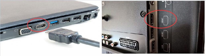 Cổng HDMI trên laptop (trái) và tivi (phải)