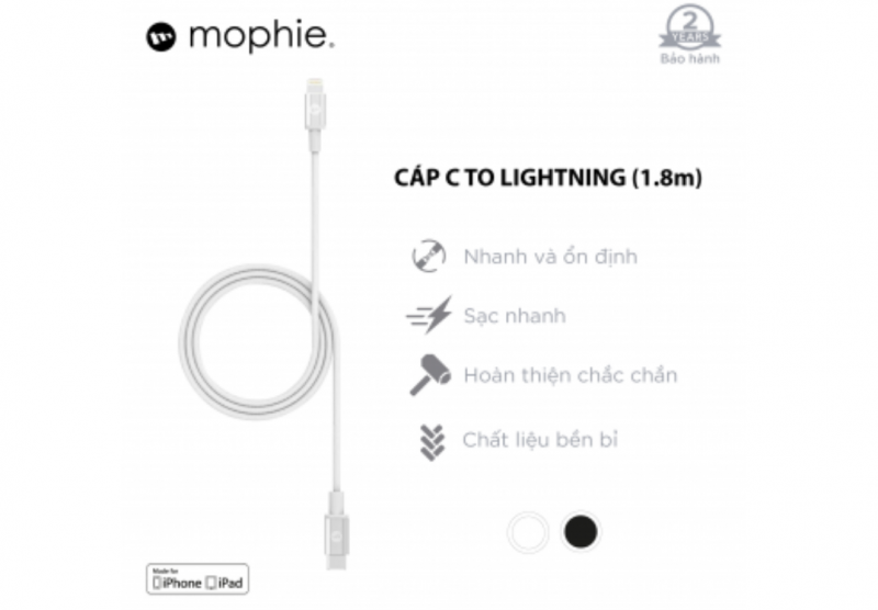 Hiệu suất sử dụng vượt trội trên cáp Mophie USB-C To Lightning 1.8M