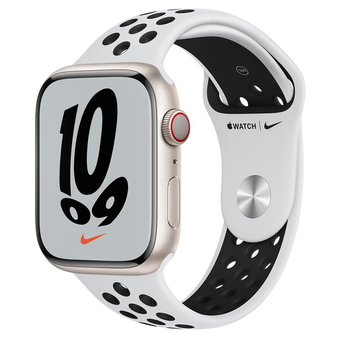 Apple Watch Series 7 LTE 45mm Starlight Aluminium Case with Pure Platinum/Black Nike Sport Band MKL43